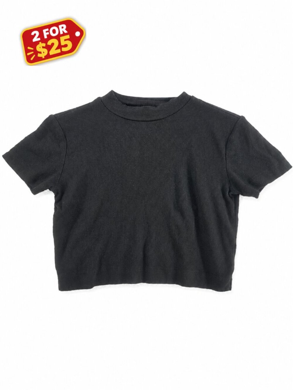 Babaton, Crop Top, Black Ribbed Knit Mock Neck Short Sleeve, Size Small